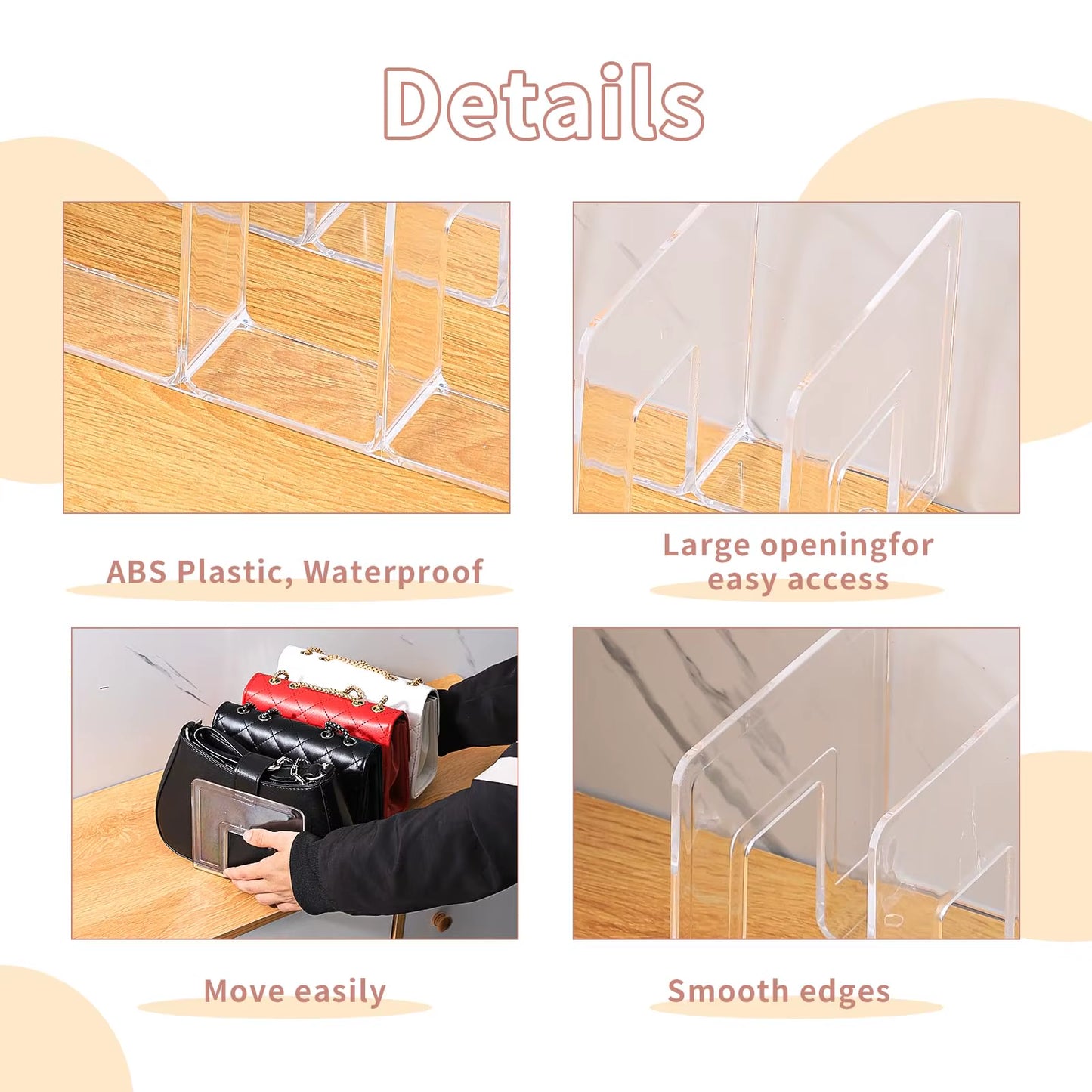 32X13X14.5Cm Clear Plastic Purse Handbag Organizer 4 Sections Bag Closet Shelf Divider Purse Display Stand Handbag Organizer