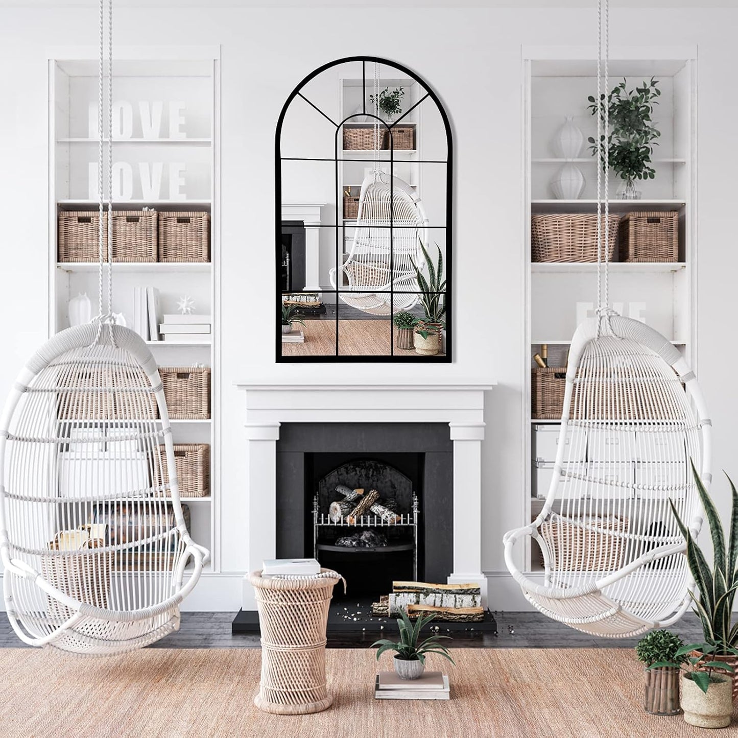 Wall Mirror Window Decorative Mirrors Arched Farmhouse for Living Room Bedroom Entryway Bathroom Vanity (Black,41.3”X 24” X1”)