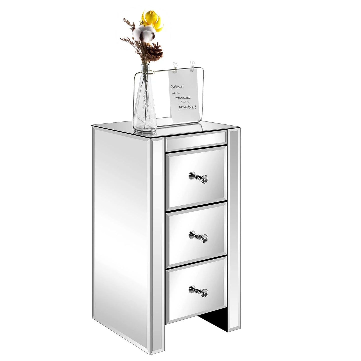 Zimtown 3-Drawer Mirrored Nightstand End Tables Bedside Table for Bedroom, Living Room, Silver