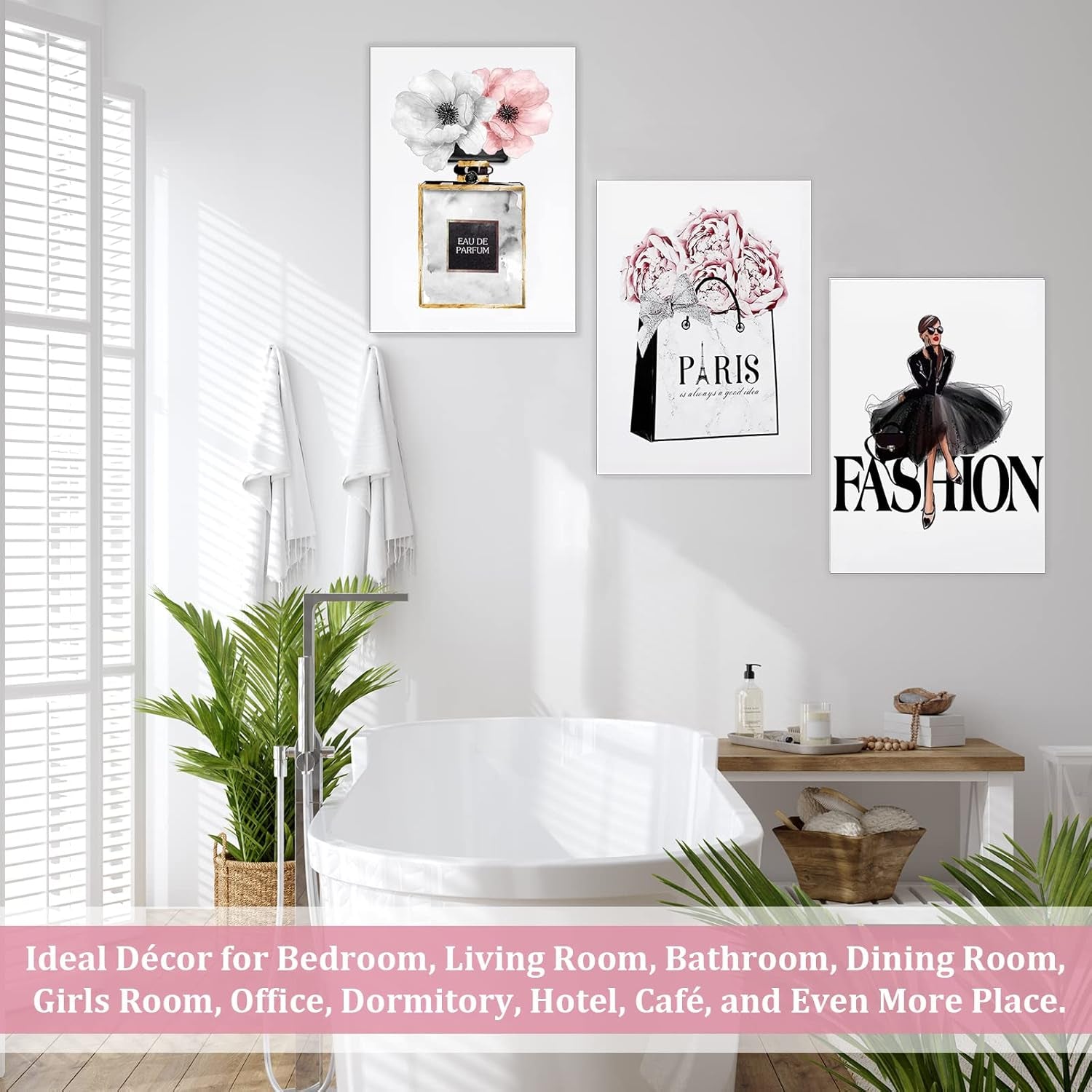 Framed Fashion Women Canvas Wall Art for Girls Bedroom Decor, Flower Modern Pink Wall Art, Perfume Handbag Prints Wall Pictures, Gift for Woman, Set of 3, 12X16 in (Ready to Hang)