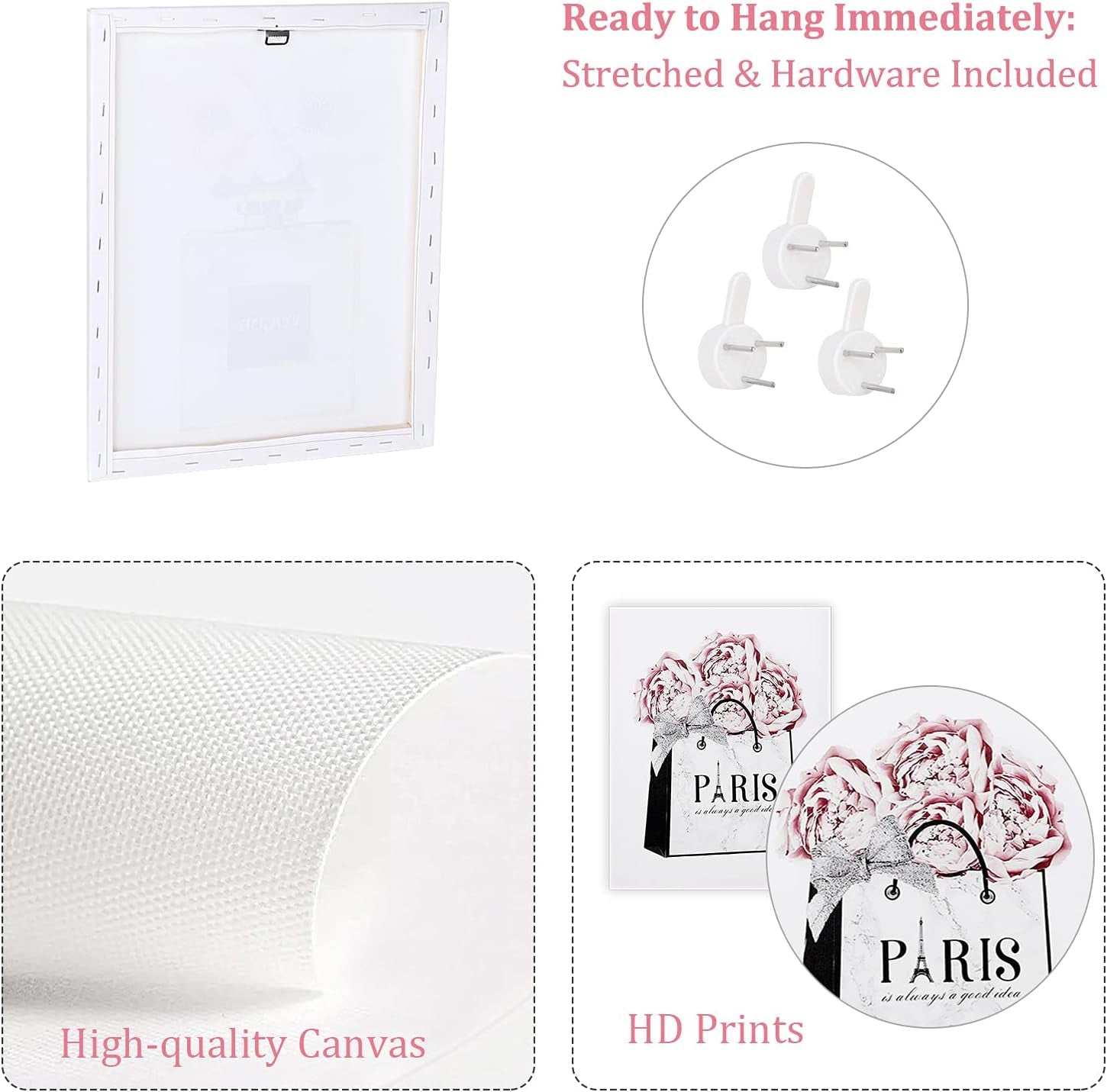 Framed Fashion Women Canvas Wall Art for Girls Bedroom Decor, Flower Modern Pink Wall Art, Perfume Handbag Prints Wall Pictures, Gift for Woman, Set of 3, 12X16 in (Ready to Hang)