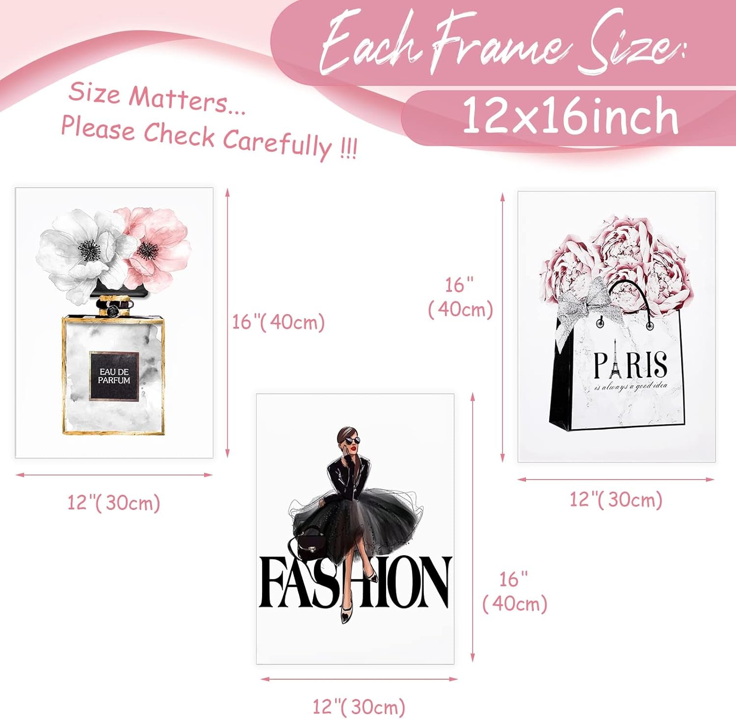 Framed Fashion Women Canvas Wall Art for Girls Bedroom Decor, Flower Modern Pink Wall Art, Perfume Handbag Prints Wall Pictures, Gift for Woman, Set of 3, 12X16 in (Ready to Hang)