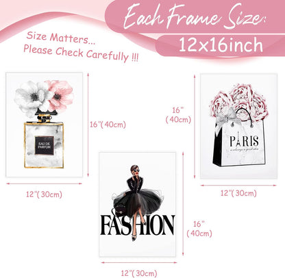 Framed Fashion Women Canvas Wall Art for Girls Bedroom Decor, Flower Modern Pink Wall Art, Perfume Handbag Prints Wall Pictures, Gift for Woman, Set of 3, 12X16 in (Ready to Hang)