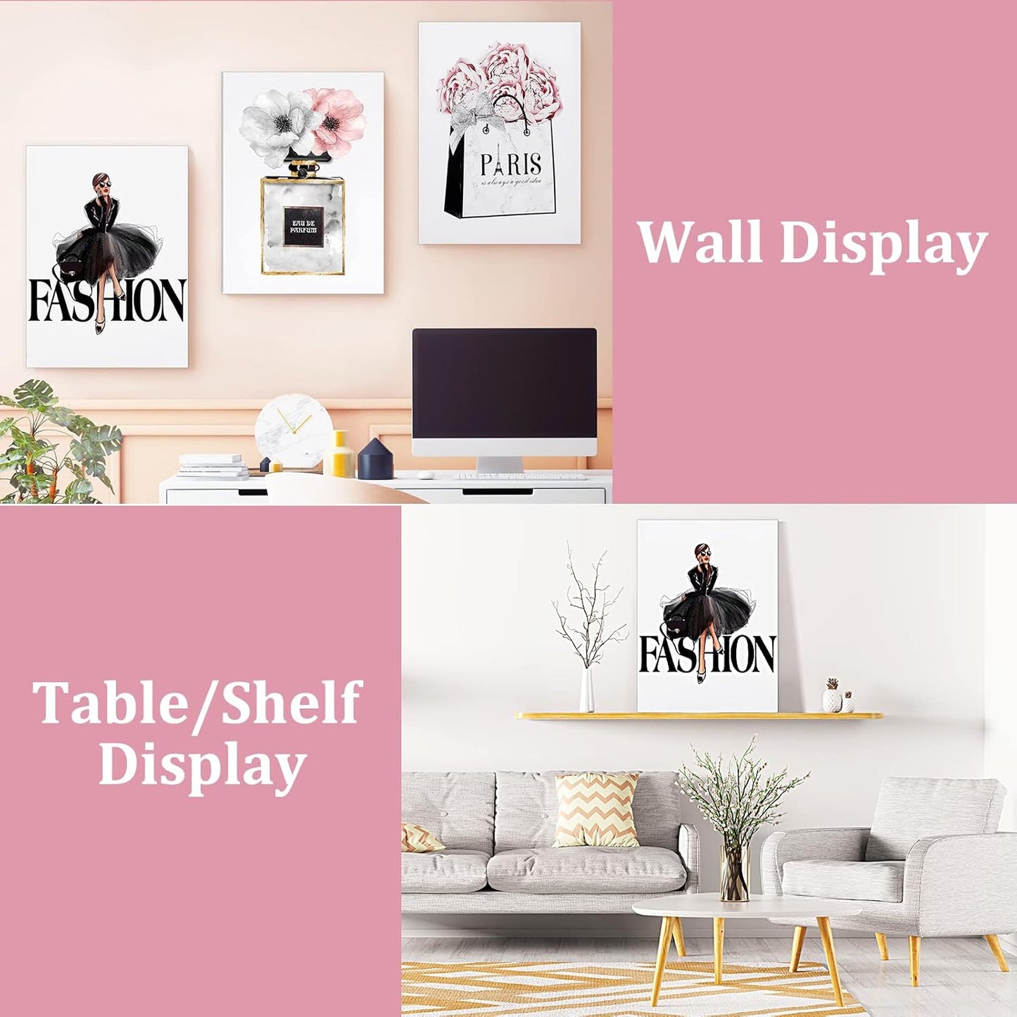 Framed Fashion Women Canvas Wall Art for Girls Bedroom Decor, Flower Modern Pink Wall Art, Perfume Handbag Prints Wall Pictures, Gift for Woman, Set of 3, 12X16 in (Ready to Hang)