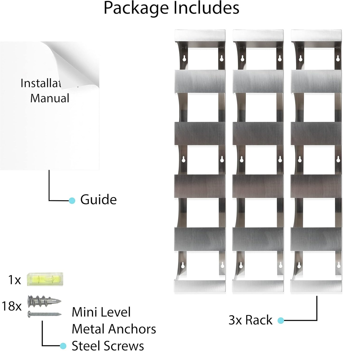 Alex Wine Rack Wall Mounted, Wine Bottle Holder for 15 Bottles, Kitchen Organization Stainless Steel Set of 3