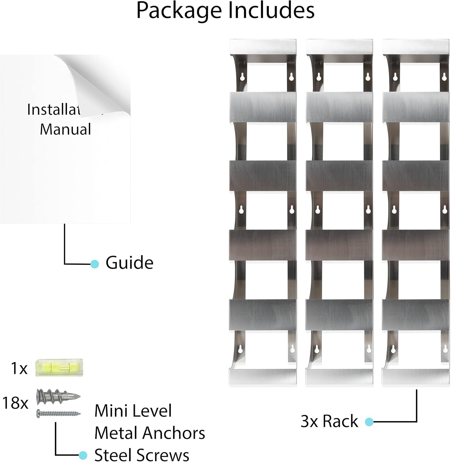Alex Wine Rack Wall Mounted, Wine Bottle Holder for 15 Bottles, Kitchen Organization Stainless Steel Set of 3