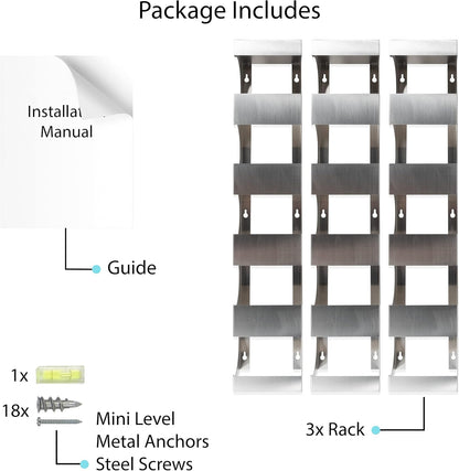 Alex Wine Rack Wall Mounted, Wine Bottle Holder for 15 Bottles, Kitchen Organization Stainless Steel Set of 3