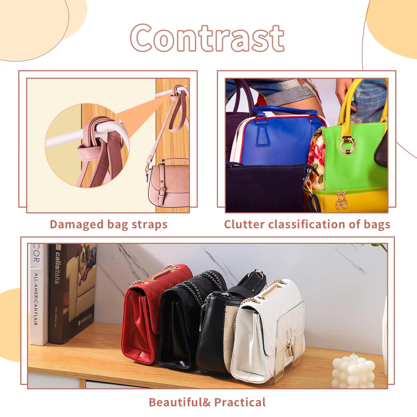 32X13X14.5Cm Clear Plastic Purse Handbag Organizer 4 Sections Bag Closet Shelf Divider Purse Display Stand Handbag Organizer