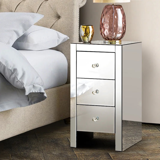 Zimtown 3-Drawer Mirrored Nightstand End Tables Bedside Table for Bedroom, Living Room, Silver