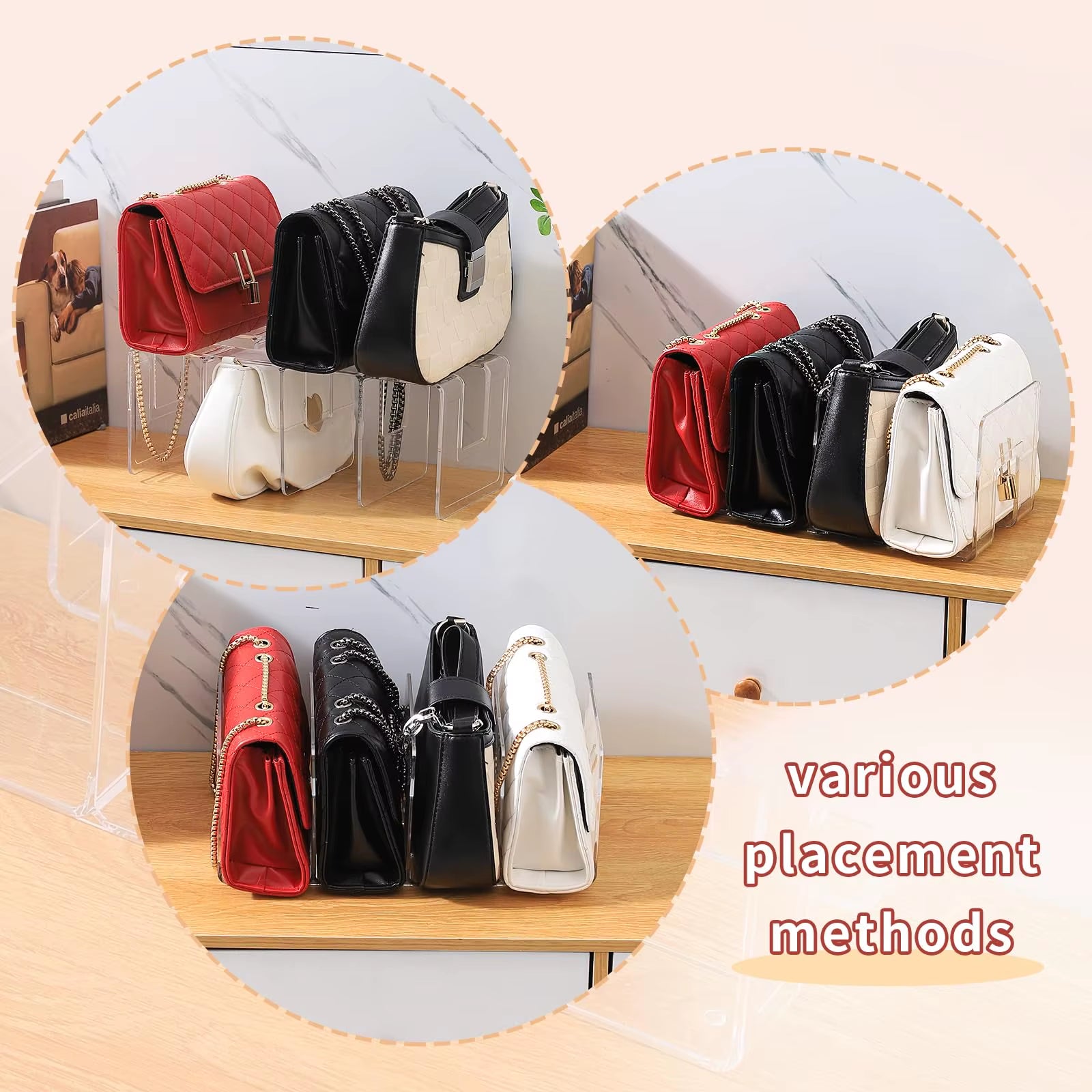 32X13X14.5Cm Clear Plastic Purse Handbag Organizer 4 Sections Bag Closet Shelf Divider Purse Display Stand Handbag Organizer