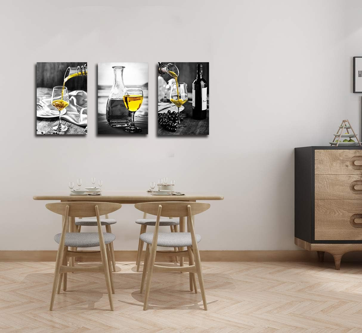 Kitchen Wall Art for Dining Room,Wine Painting Artwork Poster Black White Canvas Yellow Wine in Cups Pictures for Home Decorations