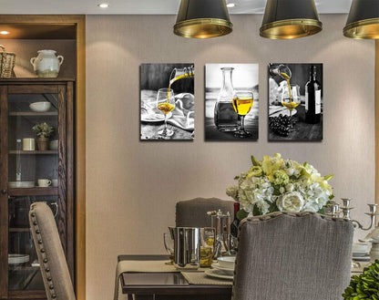 Kitchen Wall Art for Dining Room,Wine Painting Artwork Poster Black White Canvas Yellow Wine in Cups Pictures for Home Decorations