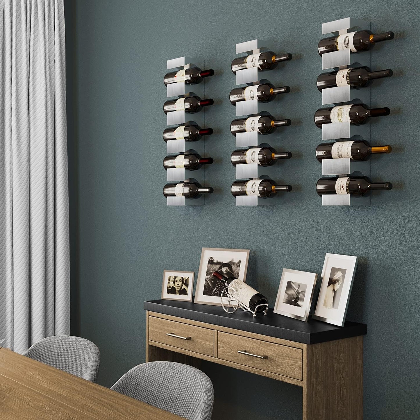 Alex Wine Rack Wall Mounted, Wine Bottle Holder for 15 Bottles, Kitchen Organization Stainless Steel Set of 3