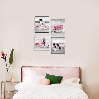 African American Wall Art Black Girl on the Beach Pink Flowers, Perfume Handbags High Heels Modern Black and White Canvas Prints Framed Wall Decor for Girls Bedroom, Set of 4. 8X10In UNFRAMED