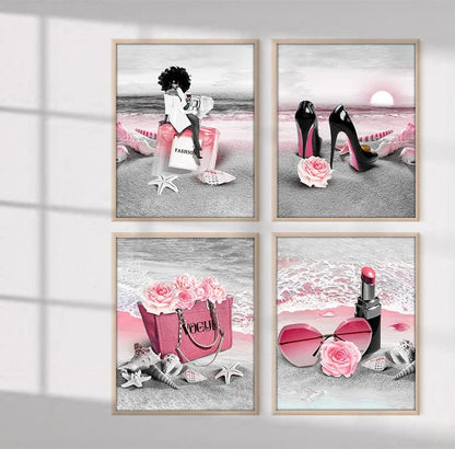 African American Wall Art Black Girl on the Beach Pink Flowers, Perfume Handbags High Heels Modern Black and White Canvas Prints Framed Wall Decor for Girls Bedroom, Set of 4. 8X10In UNFRAMED