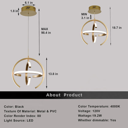 Modern LED Chandelier, Gold Globe Pendant Light Fixtures 4000K Dimmable Indoor Lights 19.2W for Dining Room Kitchen Island Bedroom Living Room Foyer